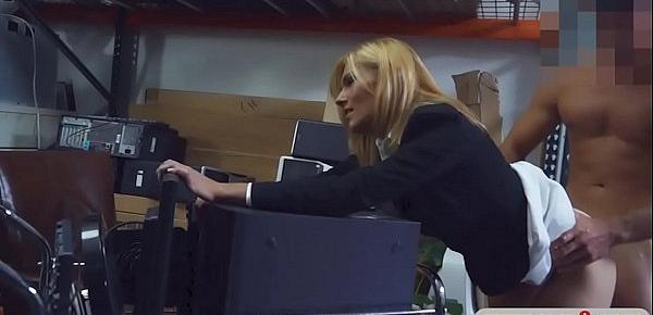  Hot blonde milf sucks off and pounded in storage room